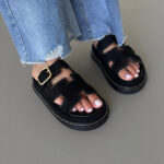 Pantoufles HERMES Platform Slides Black-cuir, daim, élégant